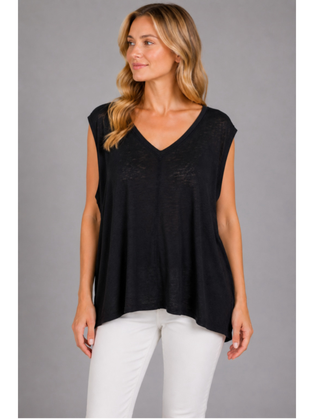 Eileen Fisher System V-Neck Organic Linen T-Shirt Black Boxy Burnout Size XL